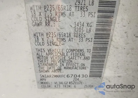 2015 Nissan Pathfinder Sl из США, поврежденный, VIN 5N1AR2MNXFC670430